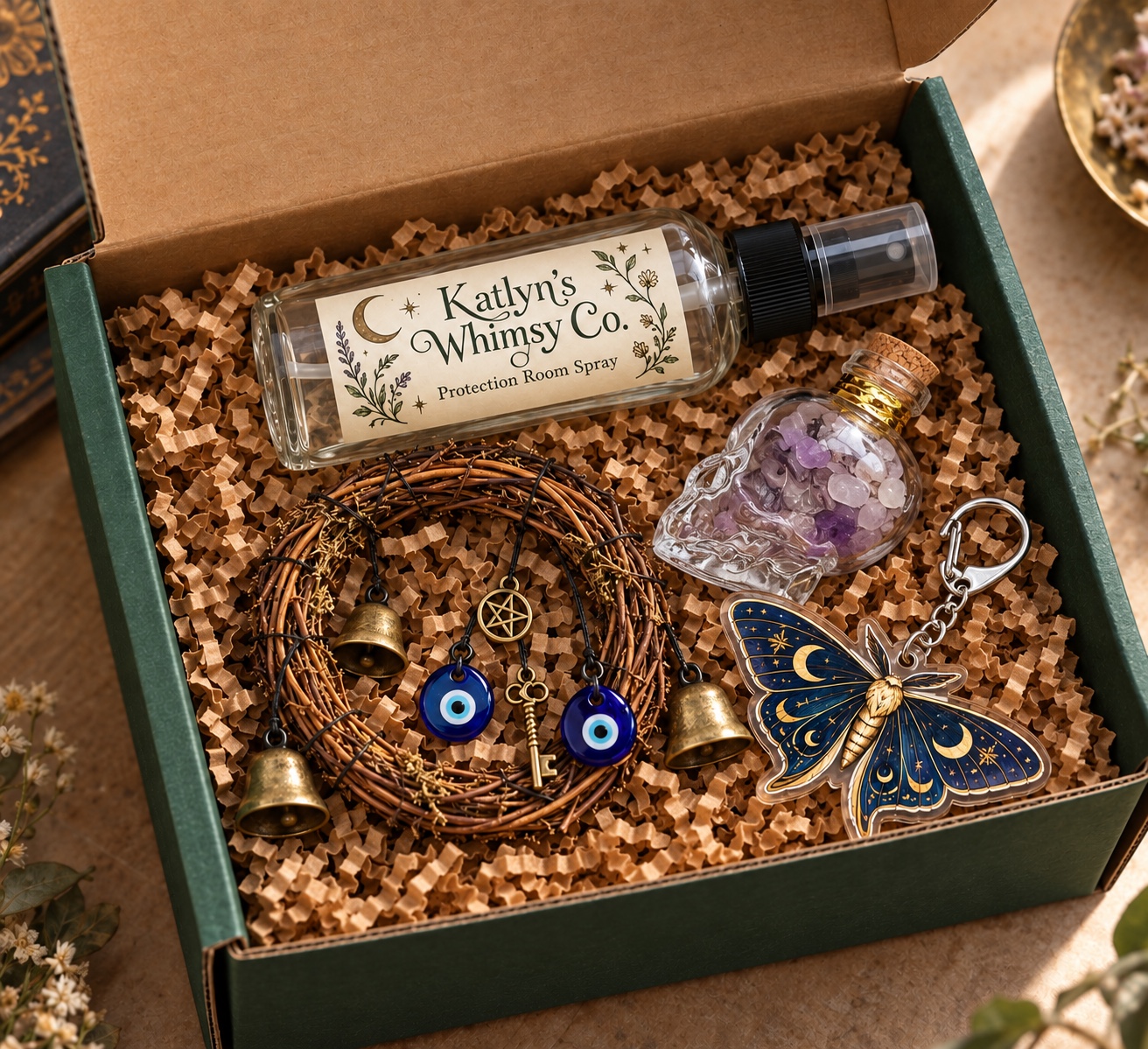 Example green box with room spray, witch bells, crystals, and a moth accessory
